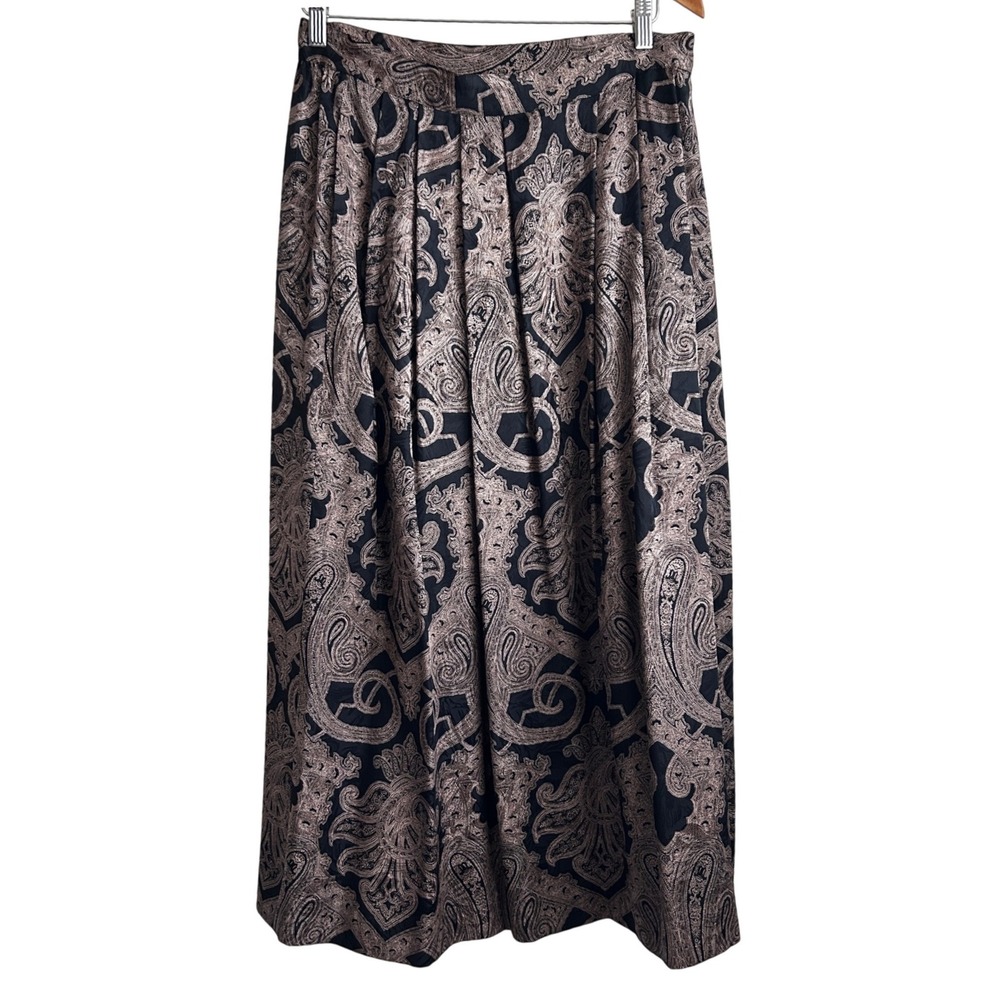 Vintage Women Pleated Silk Maxi‎ Skirt 14 Black Gold Paisley Whimsigoth